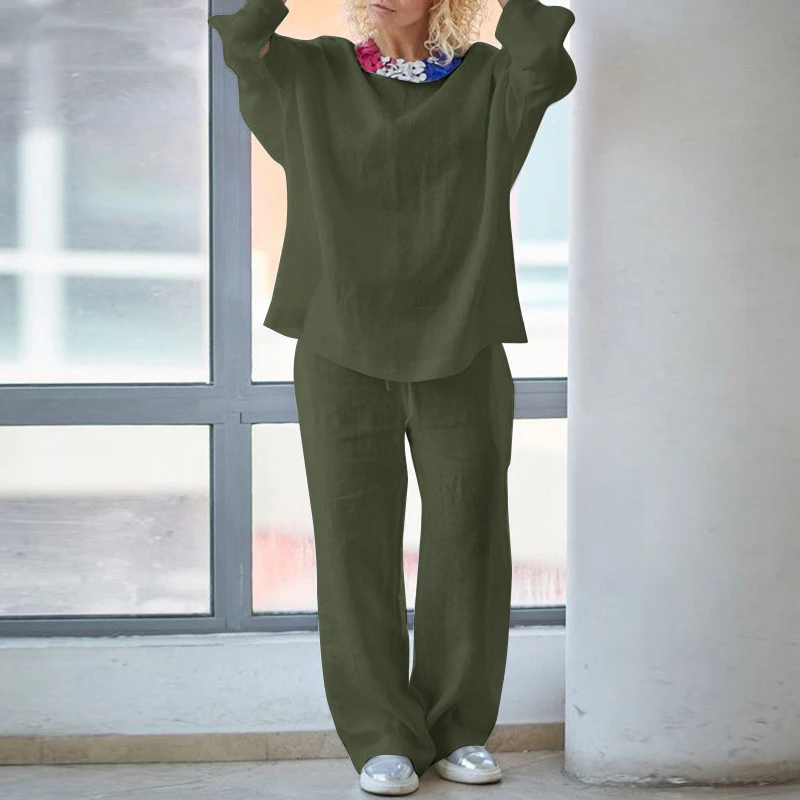 

2022 Spring Autumn Solid Two-piece Set Women Elegant O Neck Blouse Pullover & Wide Leg Trousers Suit Retro Loose Simple Outfits