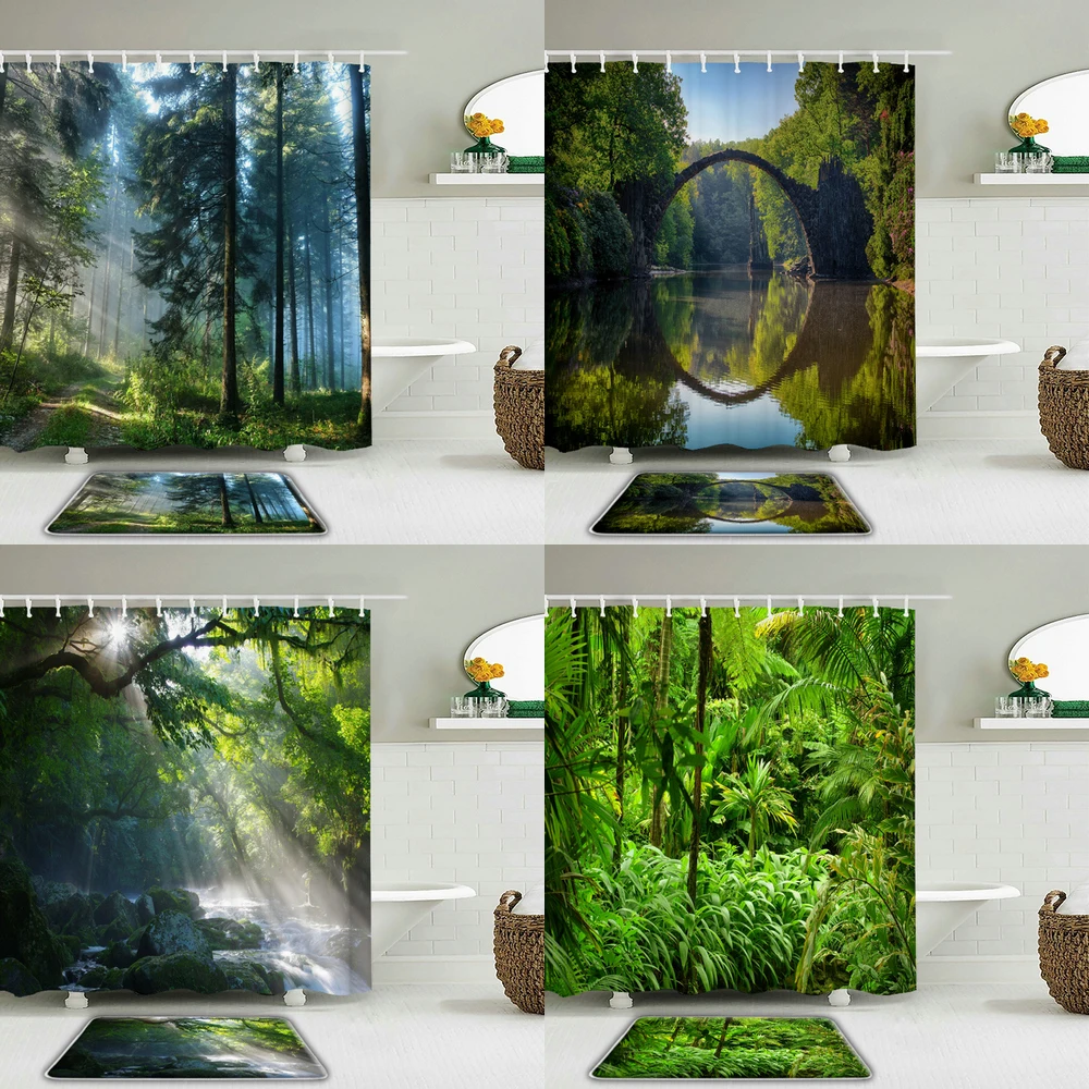 

Forest Trees Natural landscape Shower Curtain Set And Rug Bathroom Waterproof Fabric For Non-slip Mat Toilet Bathroom Home Decor