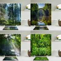 forest trees natural landscape shower curtain set and rug bathroom waterproof fabric for non slip mat toilet bathroom home decor