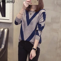 korean style all match striped sweater women autumn o neck slim knitting pullovers large size l 5xl loose long sleeve top