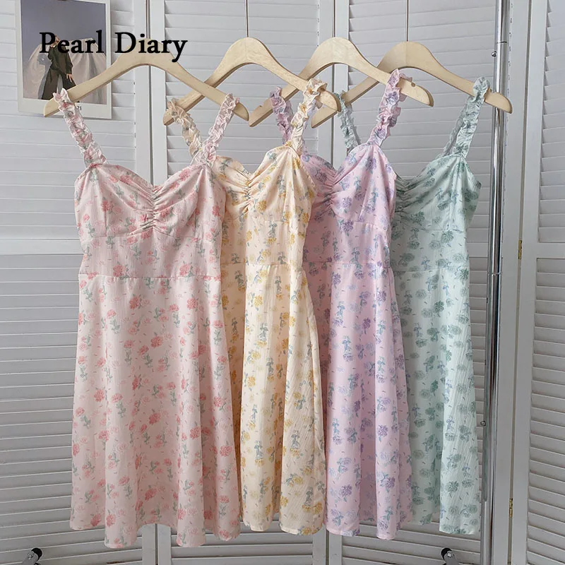 

Pearl Diary Women Folds Flower V-Neck Camisole Dress Summer Korean Version Sweet A-Line Dresses All-Match Fashion Sleeveless Ski