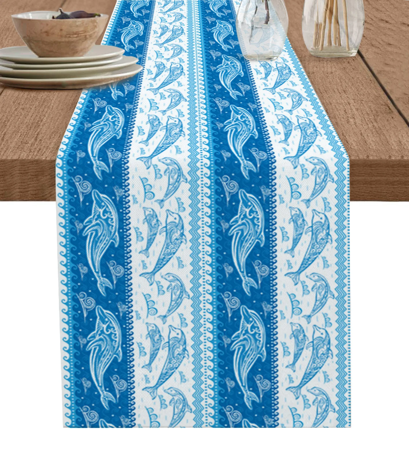 

Summer Dolphin Waves Texture Table Runner Wedding Decoration Cotton Linen Table Runner for Holiday Party Kitchen Table Decor