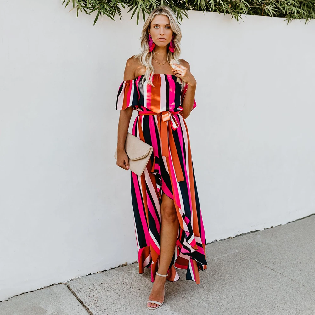 

Женское винтажное асимметричное платье, длинное свободное платье со средней талией, открытыми плечами, вырезом лодочкой, открытой спиной и ...