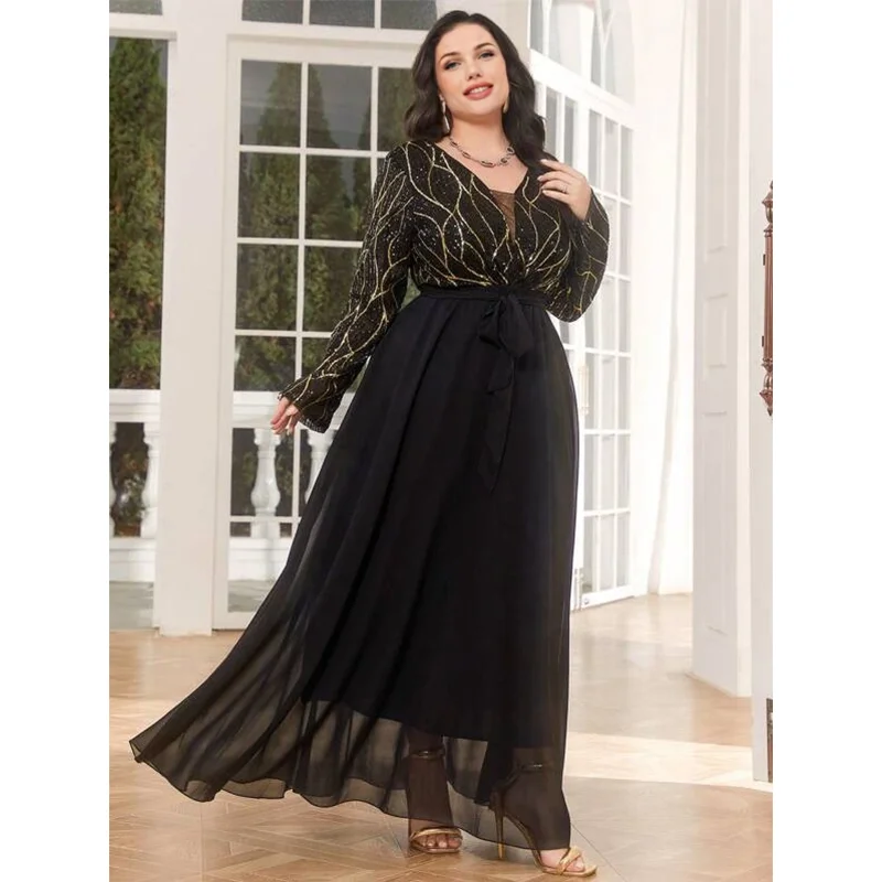 Plus Size Black Shiny Chiffon Loose Luxury Evening Maxi Muslim Dress 4XL 5XL Party Banquet Black Elegant Muslim Dress Plus Size
