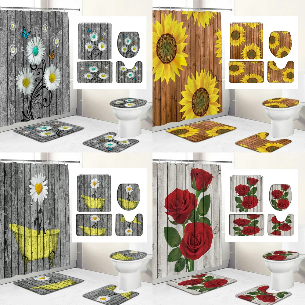 

Plank Sunflower Rose Flowers Pattern Shower Curtain Set Toilet Cover Rug Carpets Non-slip Kitchen Bath Mat Bathroom Sets Decor