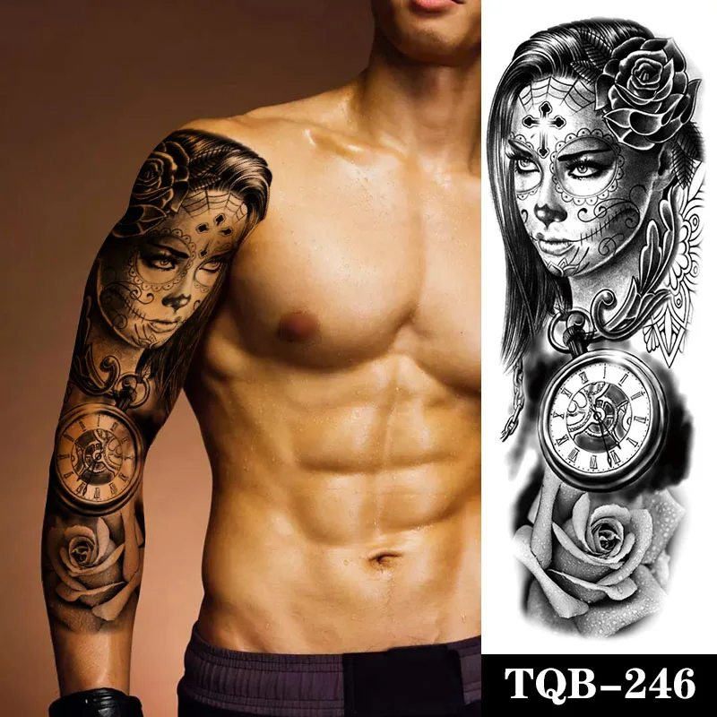 

Large Arm Sleeve Tattoo Clock Rose Cross Goddess Waterproof Temporary Tatto Sticker Cobweb Body Art Full Fake Tatoo Women Men
