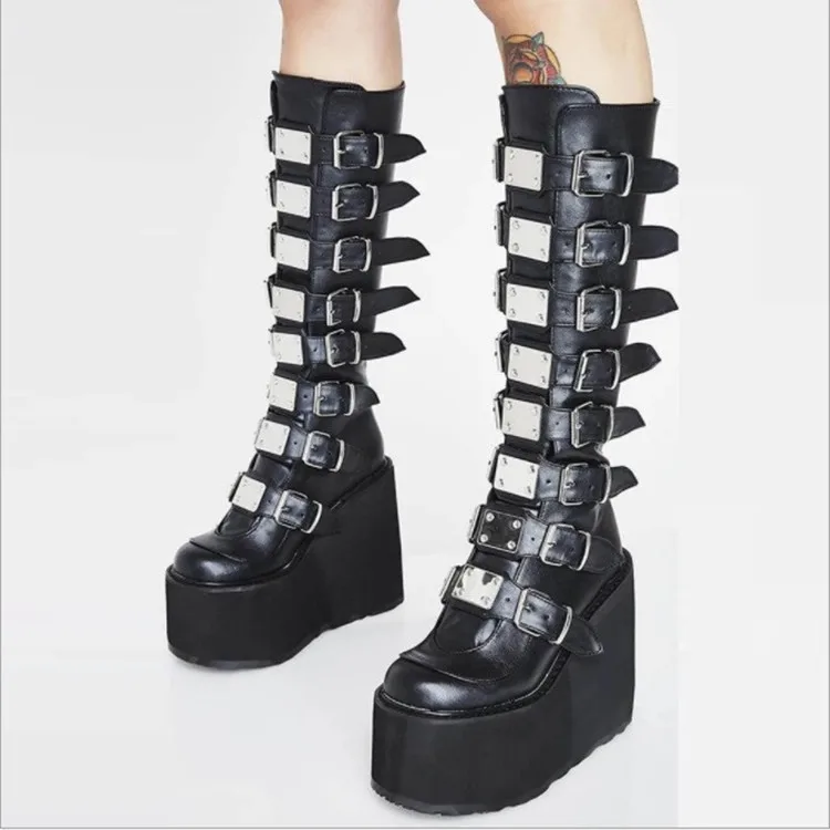 

Plus Size 43 Platform Gothic Style Cool Punk Motorcycles Knee High Boots For Women Metal Chunky Flatform Heeled Zip Boots Shoes