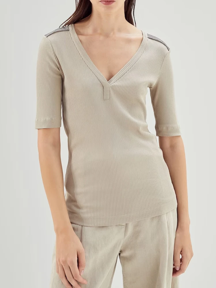 

Женская шерстяная трикотажная футболка B * C с V-образным вырезом и коротким рукавом, Женская облегающая Базовая рубашка, итальянская мода