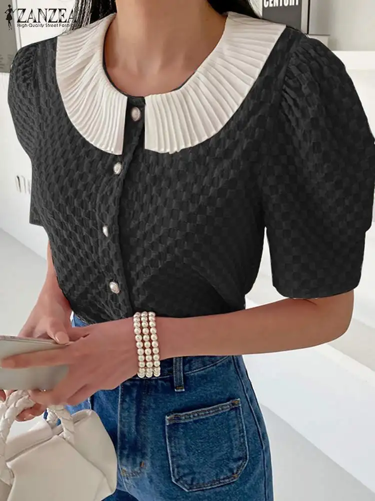 

Милая блузка ZANZEA с пышными рукавами, женские блузы с воротником «Питер Пэн», модные летние рубашки 2022, текстурированная розовая рубашка в кл...