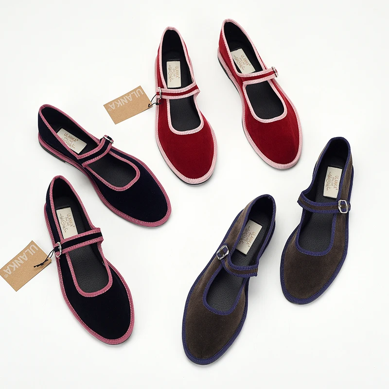 Босоножки женские бархатные с круглым носком винтажные балетки бордового