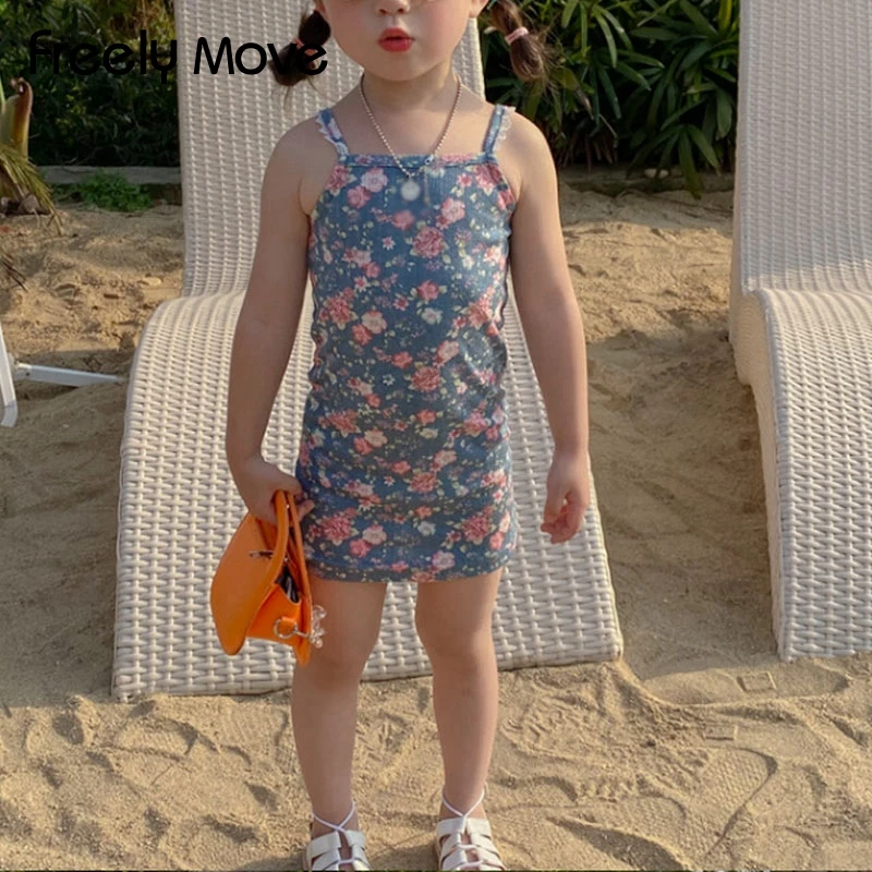 

Freely Move Girls Floral Print Beach Dress Slim Sexy Spaghetti Strap Gown For Kids Children Wedding Beach Sea Dresses Vestdios
