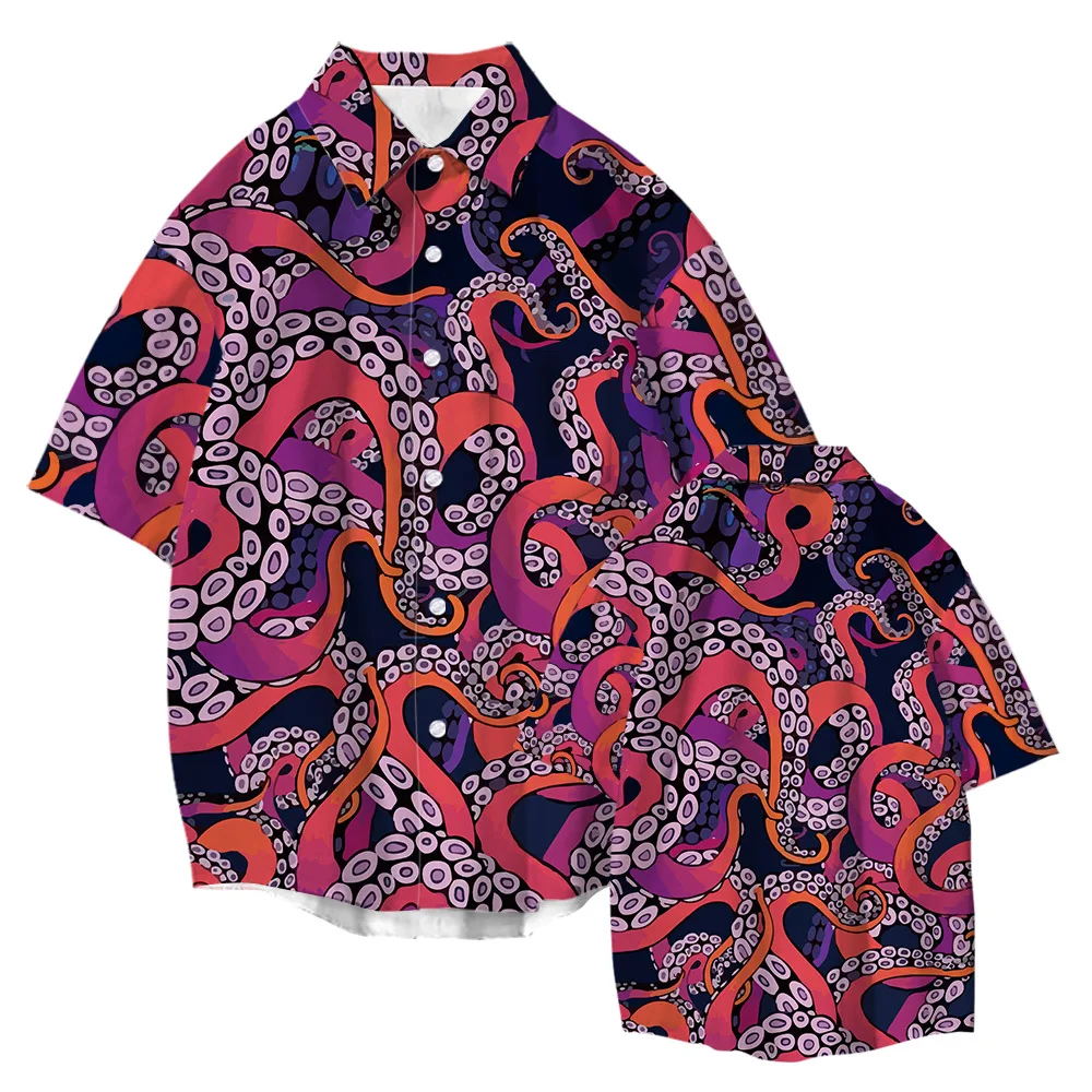 Octopus Tentacle Print Shirts Men Women Hawaiian Beach Oversized Summer Short Sleeve Streetwear Casual Vacation Party Clothing