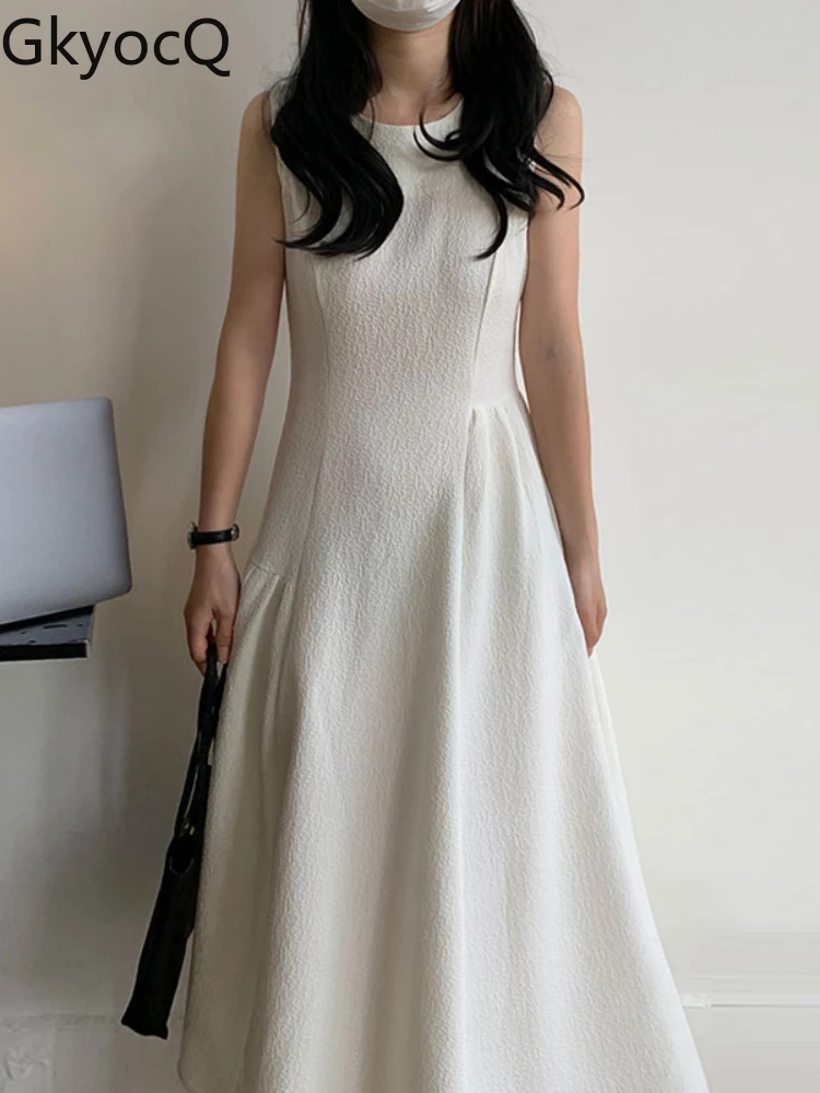 

Корейское шикарное летнее платье для женщин, французское простое платье с О-образным вырезом и неравномерной строчкой, большие свободные п...