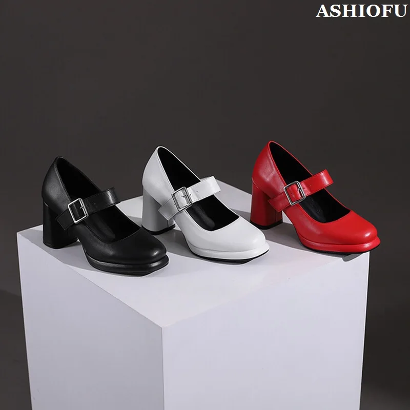 

Женские туфли-лодочки на массивном каблуке ASHIOFU, черные, белые и красные классические туфли-лодочки ручной работы, вечерняя модная летняя обувь
