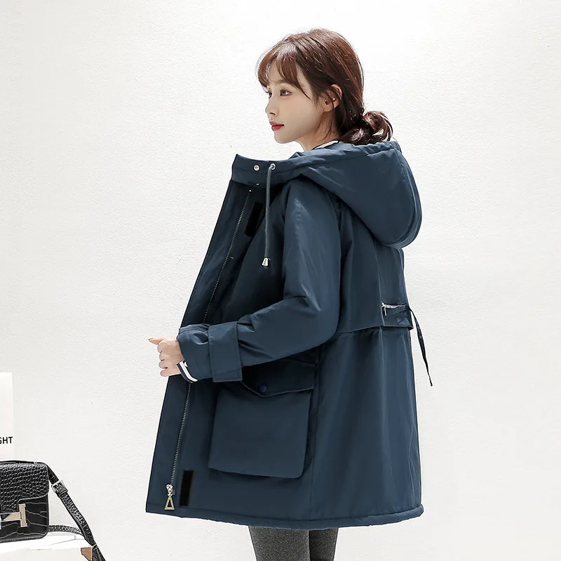 Women's Winter Korean Style Loose Plus Velvet Thickening Warm Quilted Jackets Mid-length Parkas Cotton Coat Hooded Padded Jacket