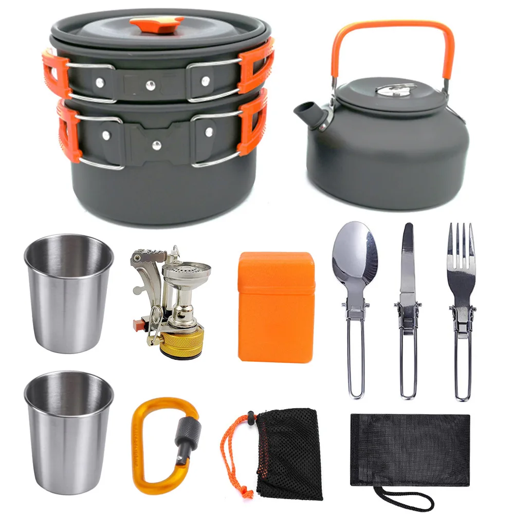 

Outdoor Jacketed Kettle Stove Teapot with Cup Combination Portable Camping Cookware Stove Equipment Stainless Cutlery Set