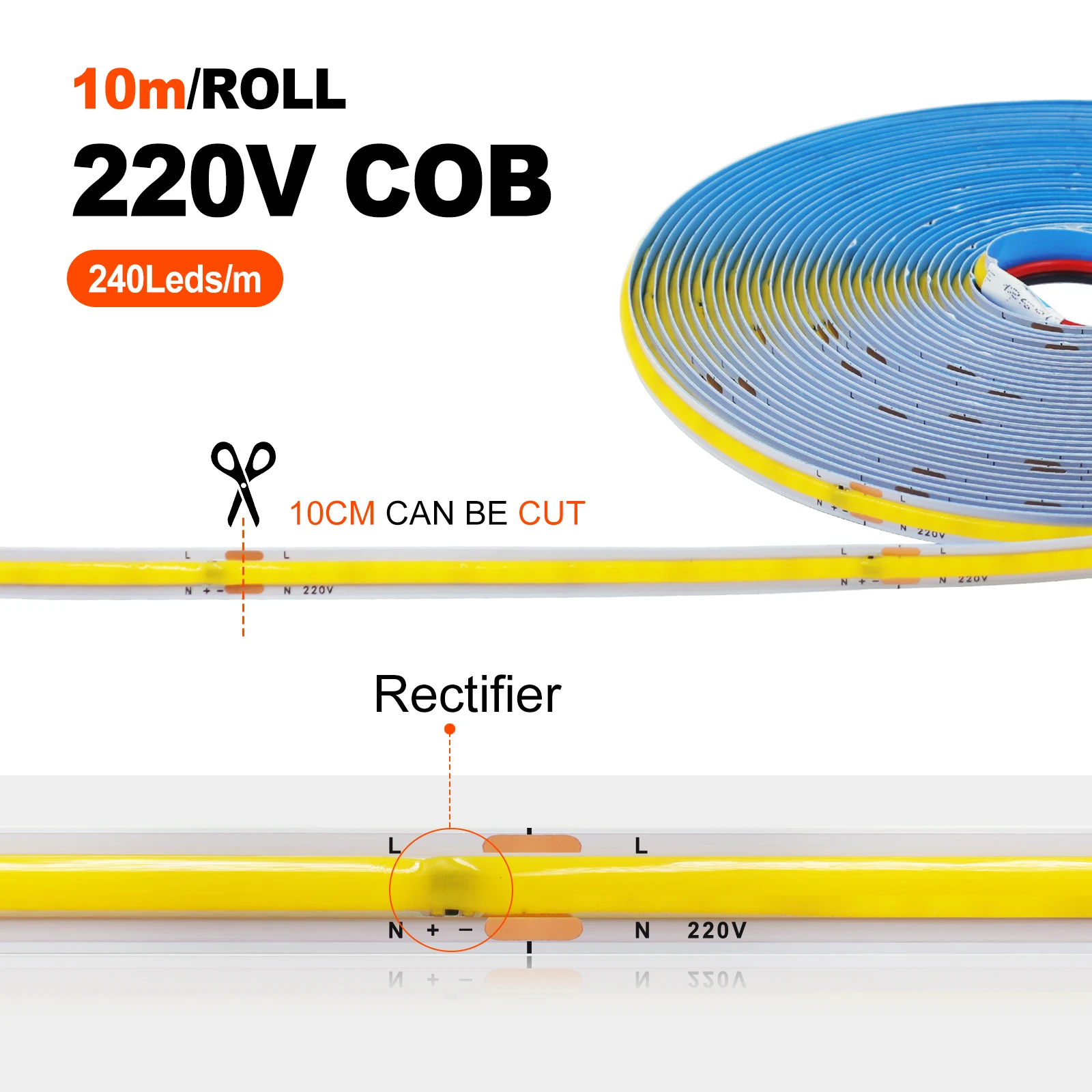 AC220V COB Strip Light 240LEDs/m 8mm PCB Adhesive 3000K 4000K 6000K High Density Linear Lighting Bar For Home Decor