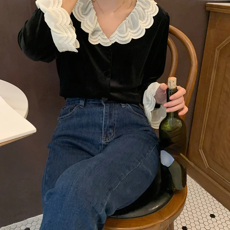 Женская бархатная рубашка Harajpoo черная однобортная блузка во французском стиле