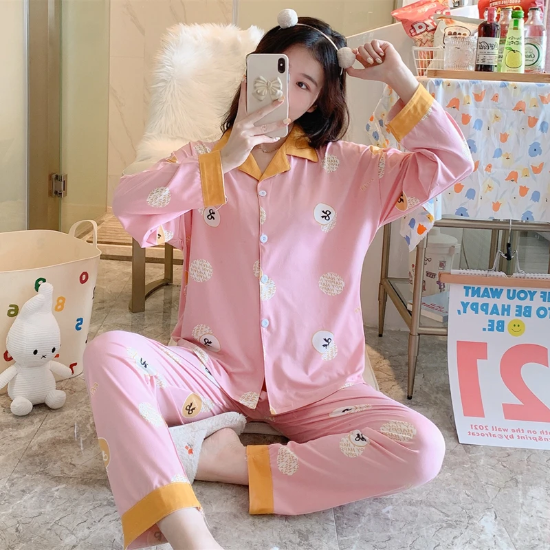 

Autumn Pajamas Women's Long-Sleeved Trousers Cardigan Korean Style Sweet Fresh Homewear Pairs of Long Imitation Cotton Pink Suit