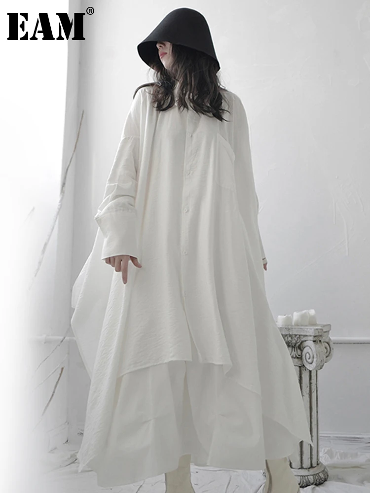 

[EAM] Women White Long Asymmetrical Big Size LongBlouse New Lapel Long Sleeve Loose Fit Shirt Fashion Spring Autumn 2023 1S668