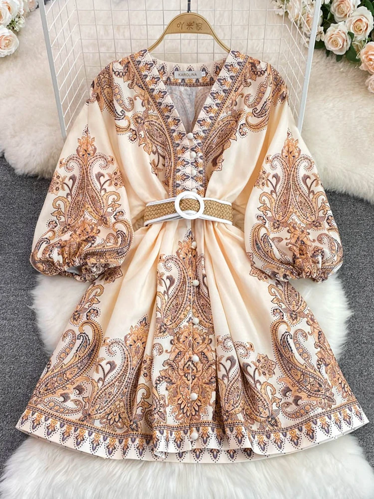 

FMFSSOM Summer Fashion Printed Lantern Sleeve V-Neck A-Line Dress Elegant Casual High Waist Slim Single Breasted Dress With Belt
