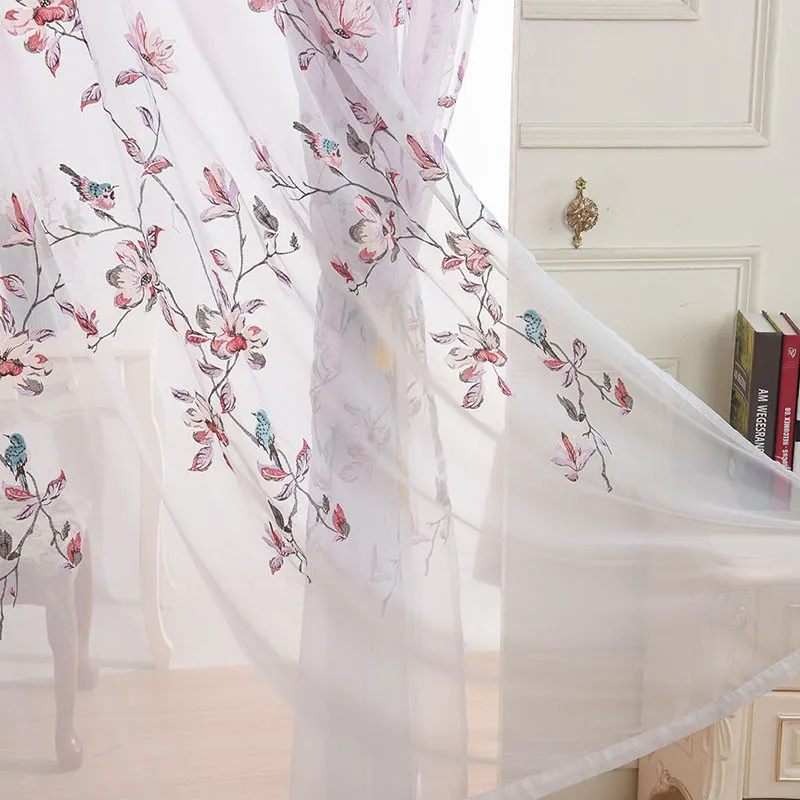 

American Pastoral Home Decor Gauze Curtain Bird Flower Embroidery White Ssunscreen Sheer Tulle Drapes For Living Room Bedroom