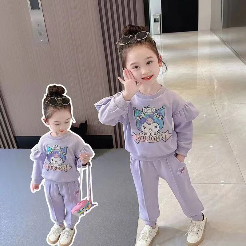 

Sanrio Anime Kuromi Kids Girls Tops Pants Kpop Pullover 2Pcs Suits Y2K Casual Sweatshirt Sportswear Halloween Christmas Gifts