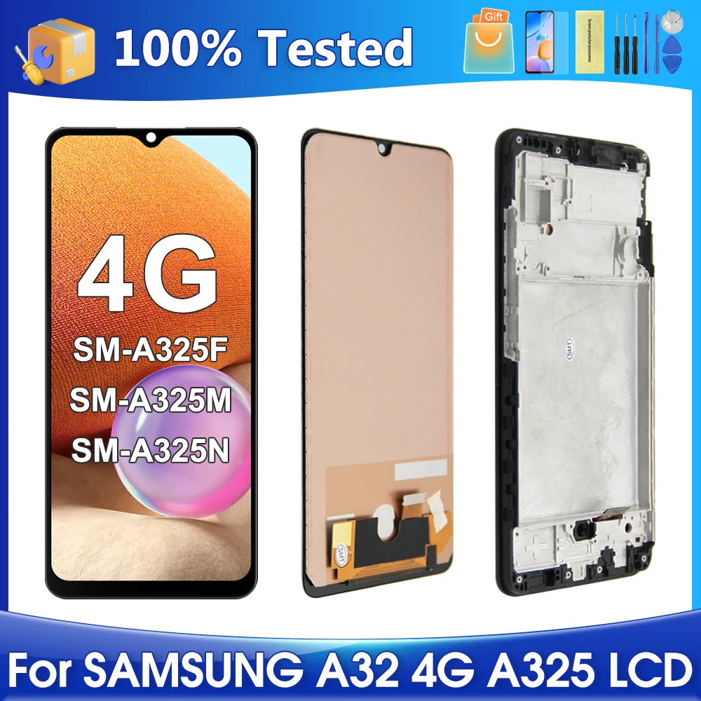 ЖК-дисплей A325 для Samsung Galaxy A32 4G A325F, сенсорный экран с дигитайзером в сборе, запасные части с рамкой
