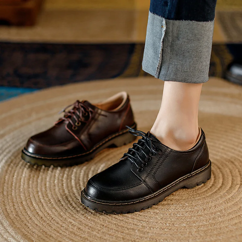 

British style small leather shoes women's plus velvet spring and autumn college style lace-up retro wild thick-soled loafers