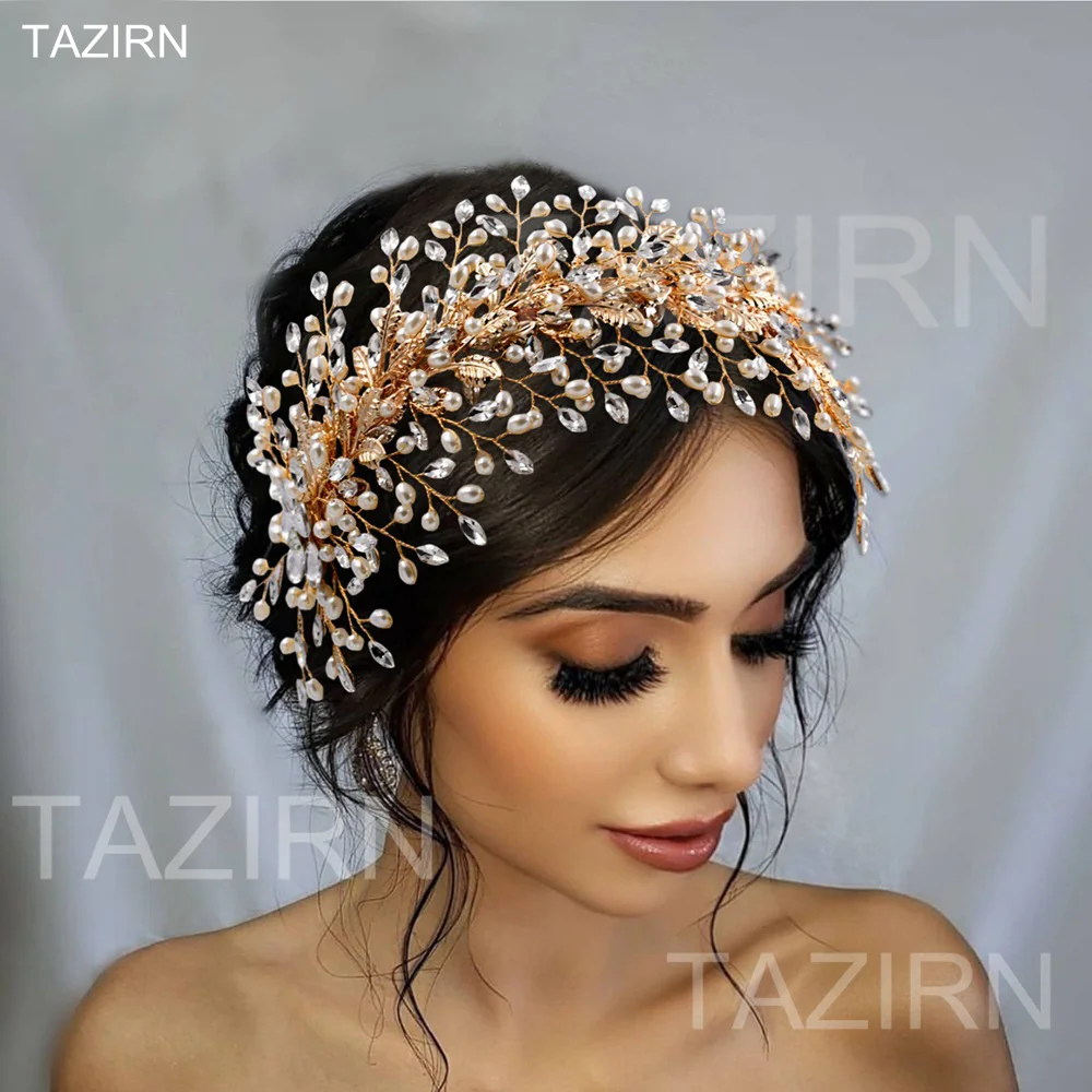 

New Leaf Bridal Headband Crystal Wedding Handcrafted Headpieces Bride Pearls Hair Vine Wedding Hair Accessories Gifts for Women