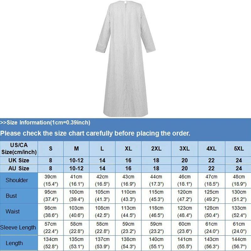Women Muslim Long Sleeve Robe Cotton Linen Striped Round Neck Long Dress with Pocket Middle East Arab Dubai Loose Casual Clothes