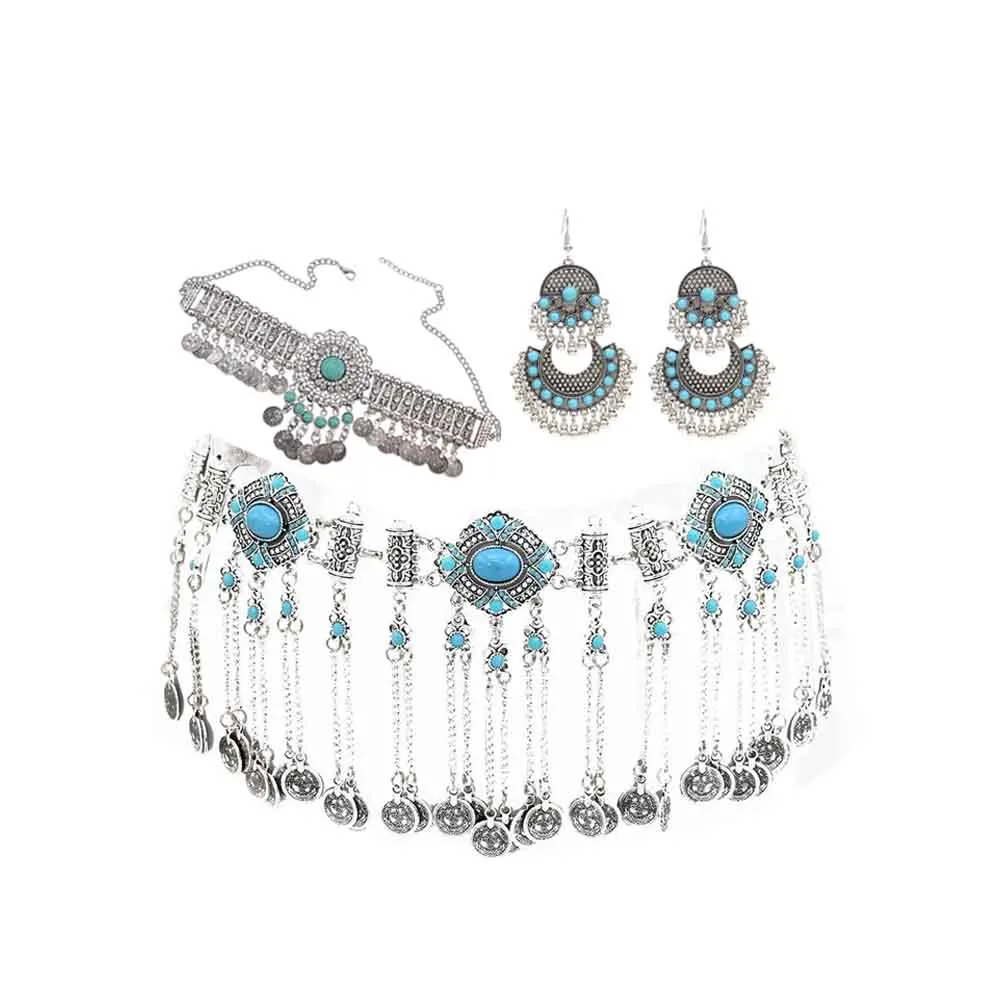 

Vintage Afghan Metal Coin Necklace Earrings Belly Chains Jewelry Sets for Women Boho Blue Stone Bridal Wedding Party Jewelry Set