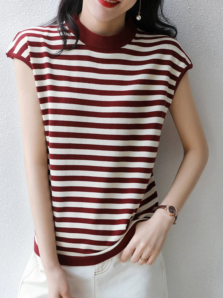 

Striped Turtleneck Women Thin Knitted T Shirt Short Sleeve Tees Shirt Summer Top Korean Style Woman Clothes Tshirt Poleras Mujer