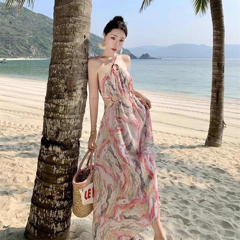 

New Women Sexy Halter Backless Sundress with Hole 2023 Summer Elegant Designer Slim Pint Vacation Slip Y2K Long Beach Dress