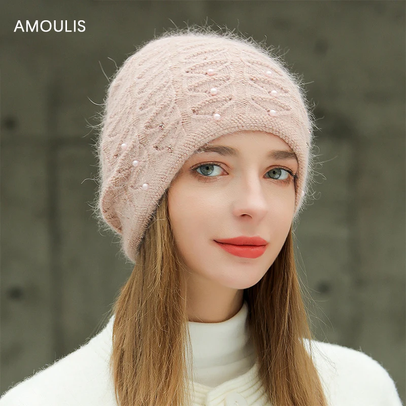 

Женская зимняя шапка AMOULIS 2022 из кроличьего меха, модные шапочки, облегающие шапки, плотные теплые женские вязаные крючком головные уборы с ж...