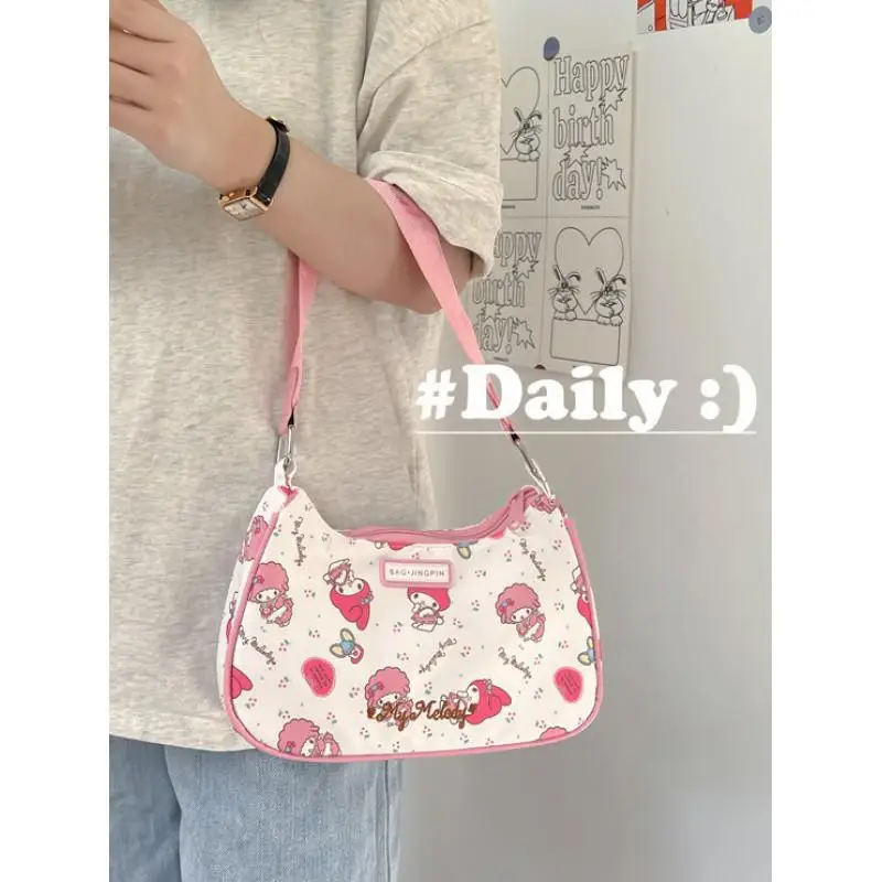 

Новый стиль, милая сумка Kuromi для подмышек мелодии, женская школьная сумка через плечо, сумка для учеников мелодии, сумка для хранения