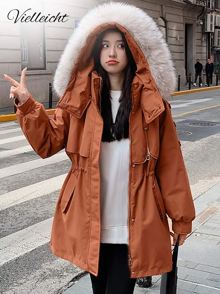 Vielleicht Cotton Lining Winter Jacket Women Coat Cotton Padded Fur Hooded Parkas Short Puffer Jacket Snow Wear Female Outwear