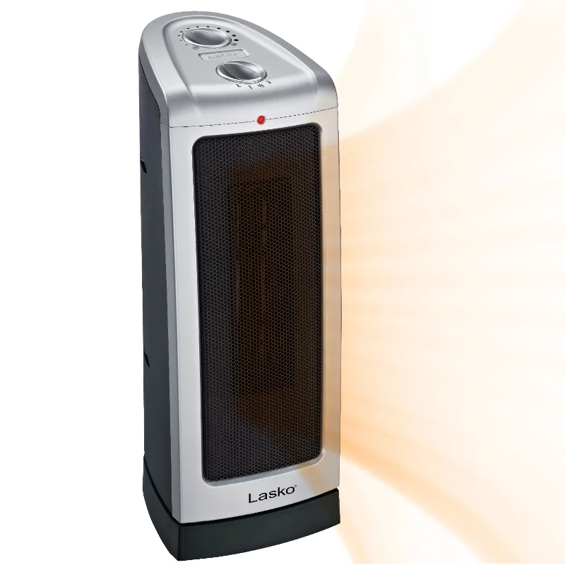

Lasko 1500W Oscillating Ceramic Tower Electric Space Heater with Thermostat, 5307, Silver