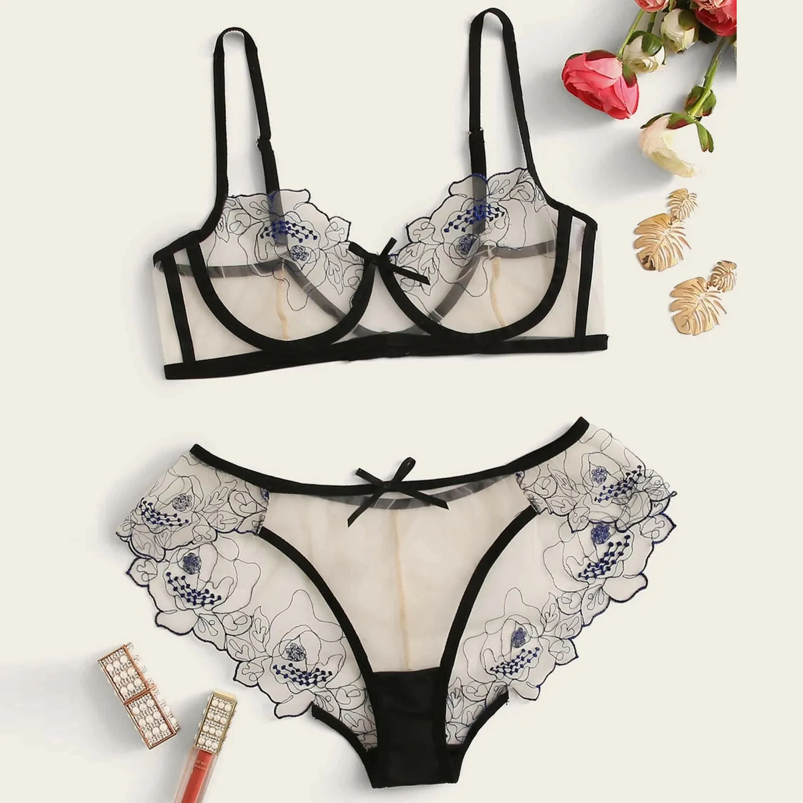 

New women's lace embroidered underwear underwire gather bra and panty set thin mesh see-through sexy erotic lingerie thong set