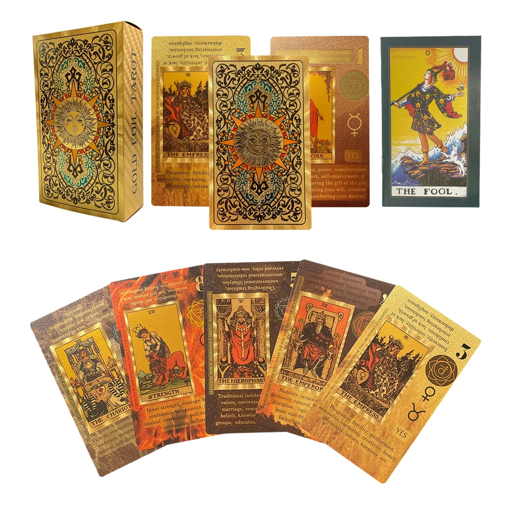

Beautiful Golden Tarot 12x7cm English Version with Keywords for Beginners with Paper Guide Book High Quality WaterProof Deck
