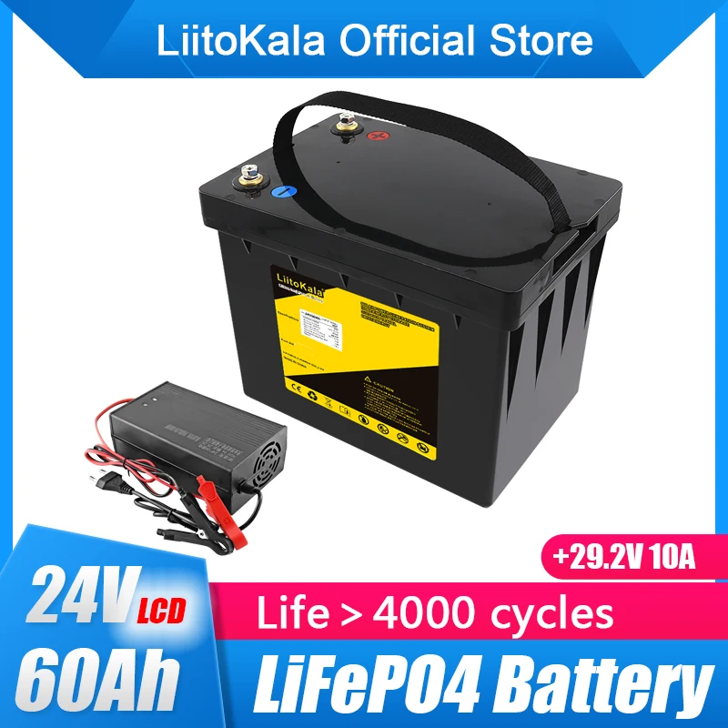 LiitoKala 24V 60Ah Lifepo4 battery with 50A BMS for 25.6V/29.2V 50Ah inverter solar panel scooter backup power boat light