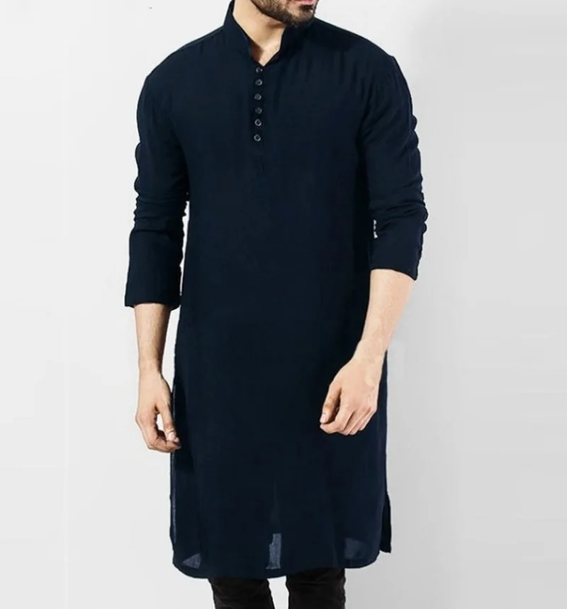 Solid Color Arabian Kaftan Men Shirt Muslim Fashion Simple Long Islamic Clothing Qamis Homme Roupas Masculinas Abayat Kurta Men