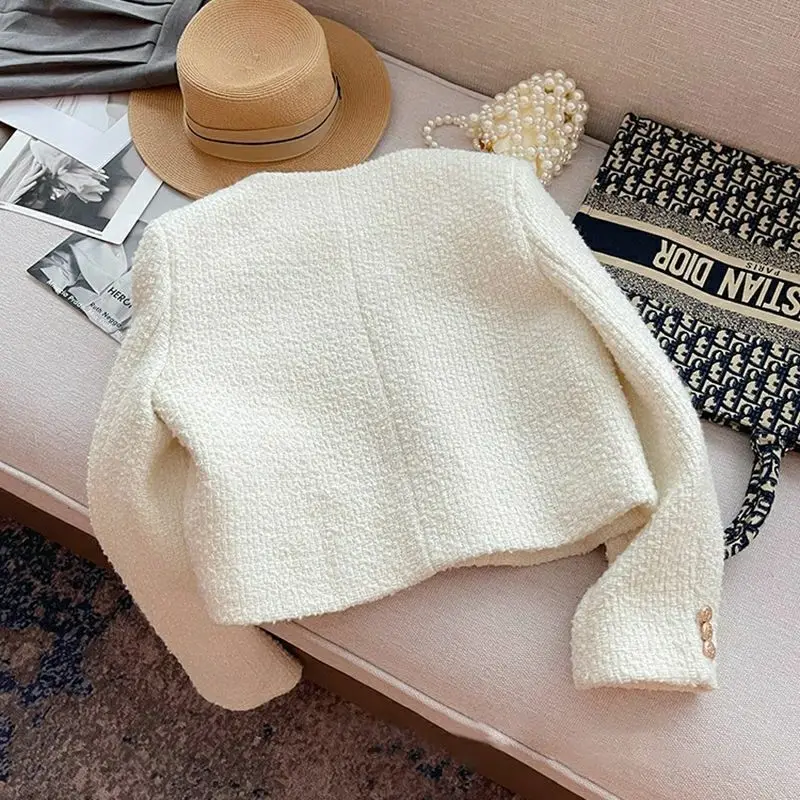 Женская однобортная твидовая куртка Элегантная короткая без карманов с круглым