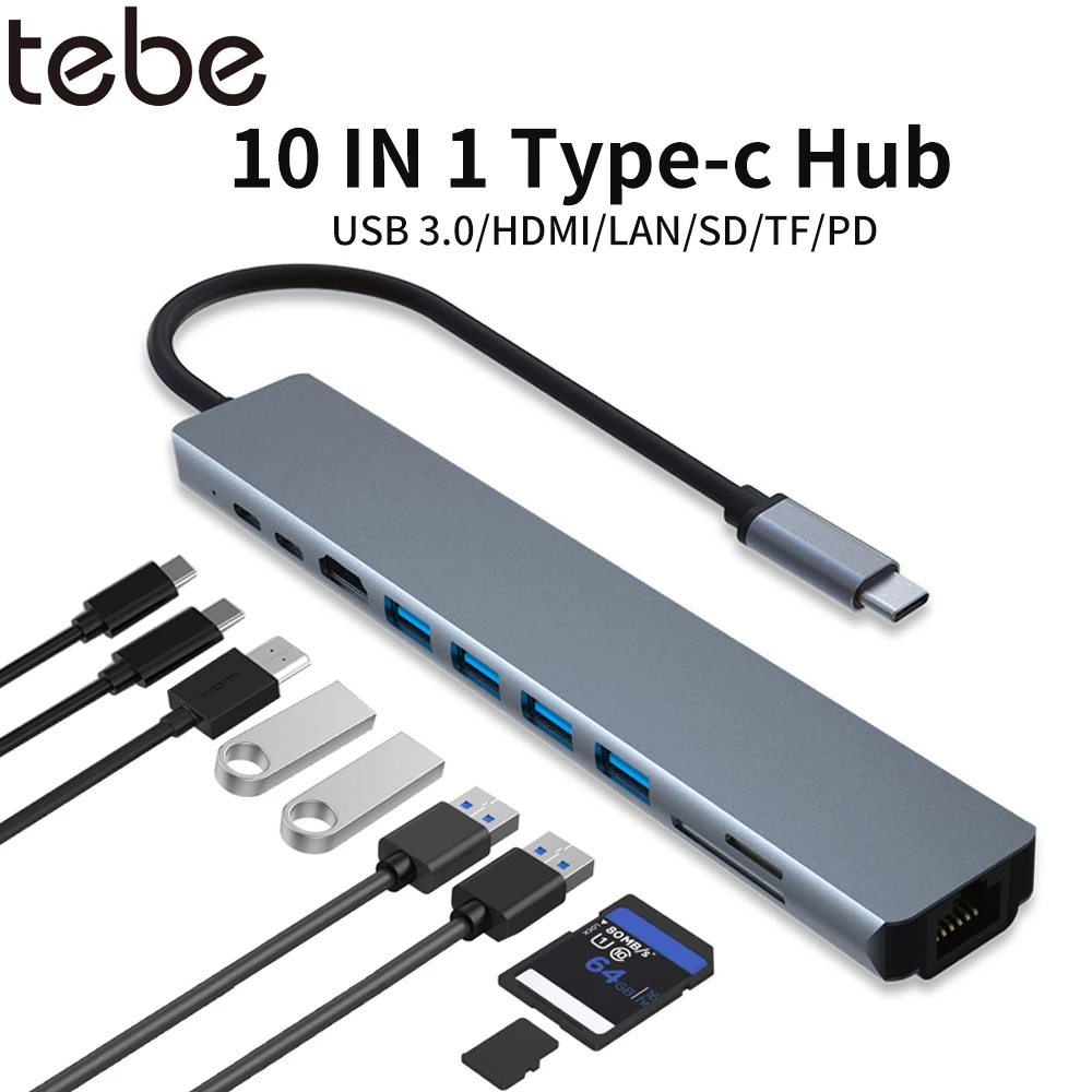 

Tebe 10 in 1 USB C Hub Type-c to 4K HDMI-compatible Ethernet RJ45 SD/TF Card Reader Adapter USB-C Splitter for Macbook iPad