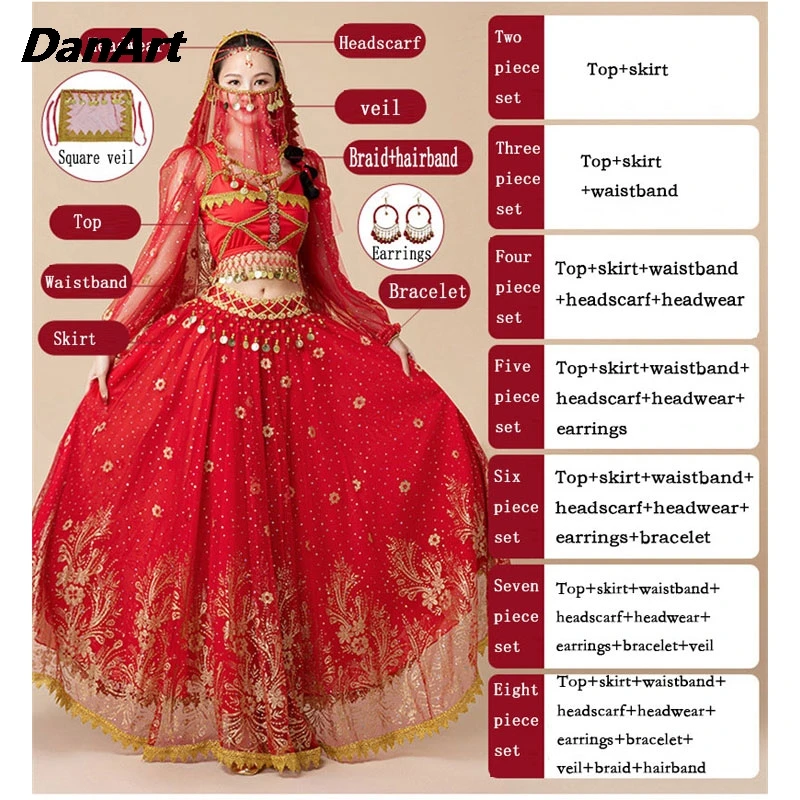 Женский костюм для танца живота длинное платье с пышной юбкой и длинным рукавом