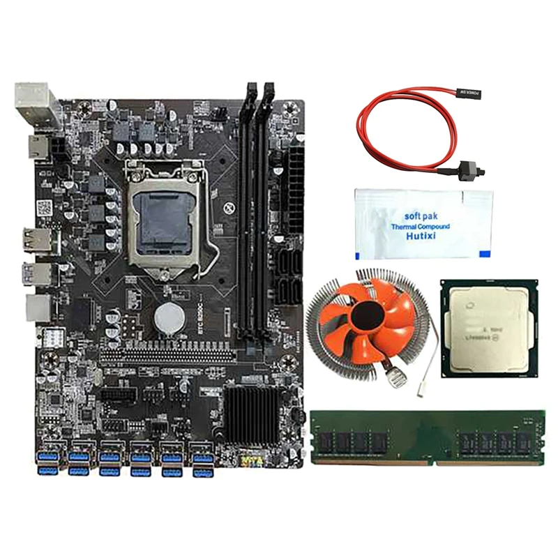 

B250C BTC Mining Motherboard With G3930/G3900 CPU+8G DDR4 RAM+Fan+Switch Cable+Thermal Grease 12 USB3.0 LGA1151 SATA3.0