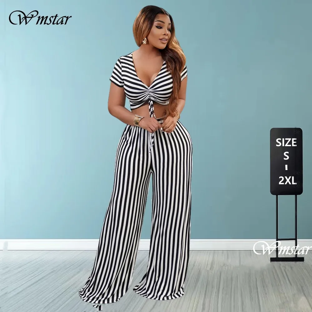 

Wmstar Two Piece Set Women's Clothing Summer Casual Bandage Top Flared Pants Sets Fashion Streetwear New Wholesale Dropshipping
