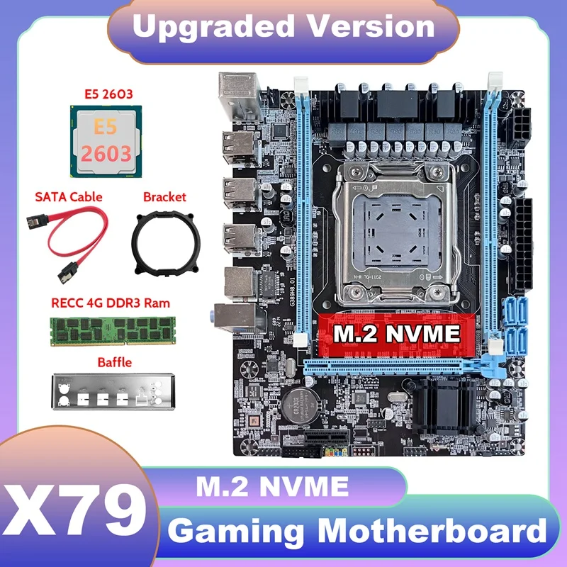 

X79 Motherboard V389+E5 2603 CPU+DDR3 RECC 4GB 1333Mhz RAM+SATA Cable+Baffle+Bracket M.2 NVME LGA2011 For CF LOL PUBG