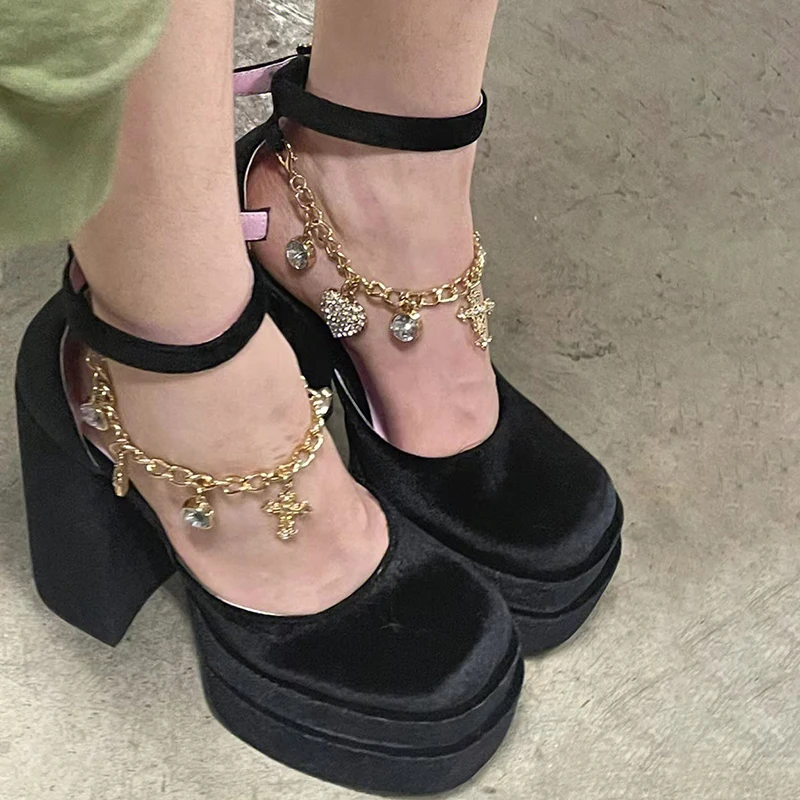

RIBETRINI Sexy Ladies Platform Metal Chain High Heels Pumps Luxury Designer Spring Buckle Strappy Heeled Shoes Sandals Woman