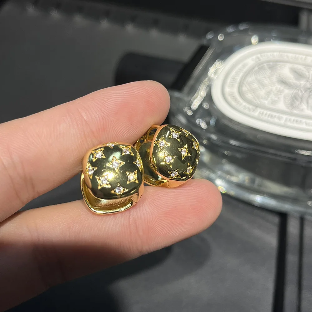 

YOUNGX French Vintage Square Geometric Star Zircon Earrings For Women Light Luxury 14K Gold Plated Ear Buckle Jewelry Gift